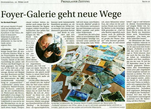 Artikel der Templiner Zeitung vom 22.03.2018 zur Ausstellung "Wasserzeichen"  © Templiner Zeitung | Foto: Templiner Zeitung
