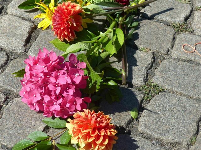 Traditionell wurde das Pflaster des Bremer Marktplatzes durch mitgebrachte Blumen mit dem Peace-Zeichen dekoriert.