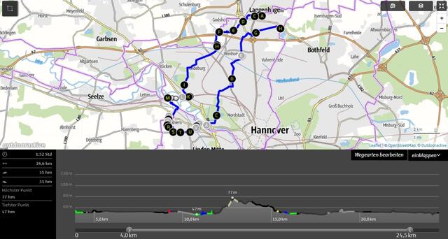 Die Tour, mit den unten angegebenen Höhenverlauf. Erstellt mit "Outdoorative", unter Verwendung der Karten von "Open Street Map".  Link direkt zur Tour, ausdruckbar, und mit downloadbarem GPX-File: https://www.outdooractive.com/de/tourenplaner/116509237