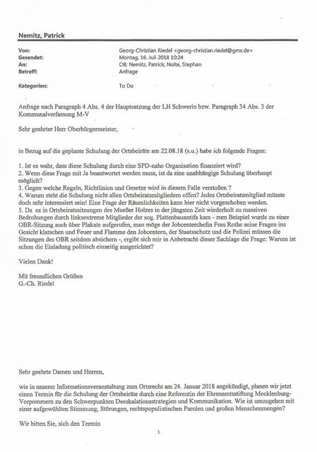 Anfrage des Schweriner Stadtvertreters Georg-Christian Riedel (CDU) an die Stadt Schwerin in Bezug auf die Schulung-