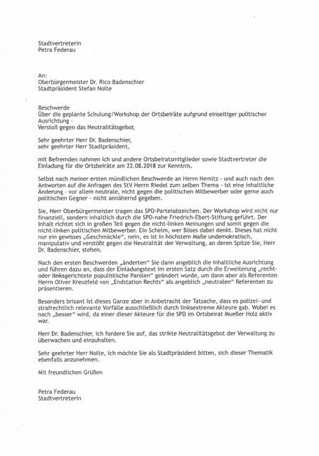 Beschwerde der Schweriner Stadtvertreterin Fedrau über die geplante Schulung