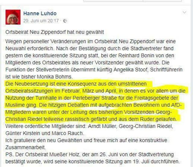 Lesen und Verstehen warum Herr Riedel abgewählt werden musste! Die Sitzungen waren unter der Leitung des bisherigen Vorsitzenden Georg-Christian Riedel rassistisch gefärbt.