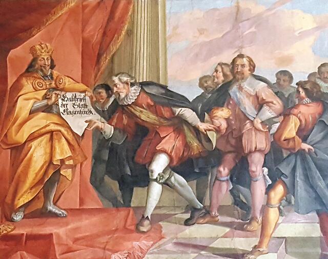 Maximilians I. Übergabe des Schenkungsbriefes (Wappensaal des Kärntner Landhaushofes)
