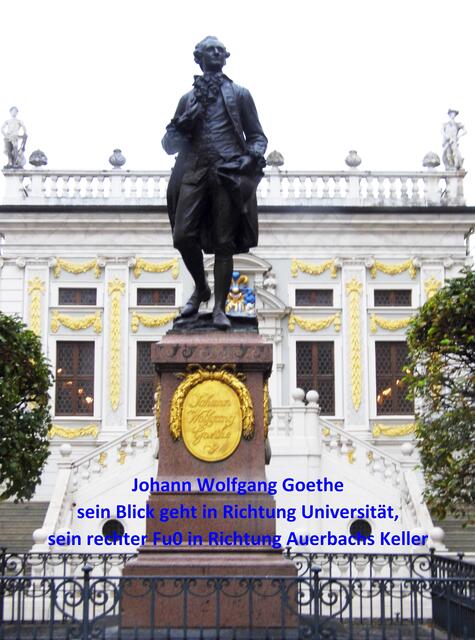 Goethe in Leipzig, sein Blick zur Universität, sein rechtes Bein in sein Stammlokal "Auerbachs Keller"
