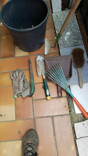 Mein wichtigstes Handwerkzeug, wenn ich im Garten bin ! Sogar ein Schuh von mir ist noch etwas zu sehen !