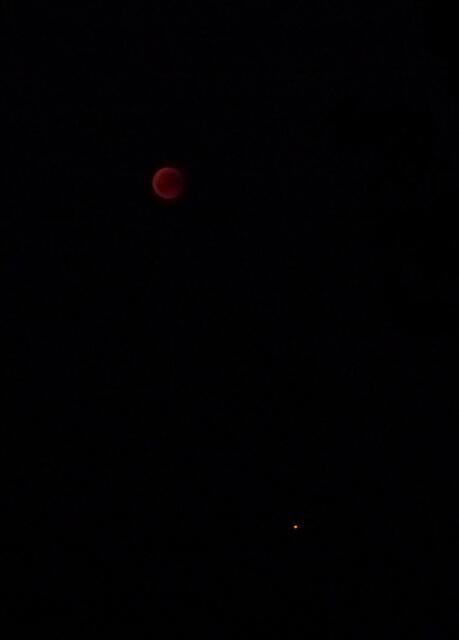 Die totale Mondfinsternis am 27.07.2018 mit dem rötlichen Blutmond und (bitte mit der Lupenfunktion betrachten) mit dem rechts unterhalb des Mondes sichtbaren rot leuchtenden Mars.