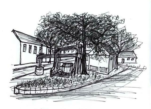 Der Parallelverlauf Fladnitzerstraße/Pfarrgasse in Retz. Zeichnung von Maxi Herta Altrogge.