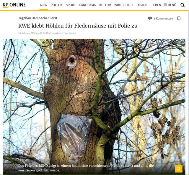 +++ Skrupelloser Konzern +++ Im Waldgebiet am Braunkohletagebau Hambach gibt es Streit um die geschützte Bechsteinfledermaus. Die Tiere wollen laut Naturschützern zurück in ihre Höhlen - doch die sind verschlossen. Der Tagebaubetreiber RWE Power hat die Baumhöhlen mit Plastikfolien verschließen lassen. Schämt Euch RWE!!!
https://www.facebook.com/notes/max-bryan/hambacher-forst-ode-an-die-bechsteinfledermaus-und-an-50000-menschen/2434758136542087
(Link zum Teilen)

Danke Freunde