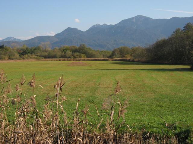 An jeder neuen Wegbiegung beeindruckt mich die Landschaft vor den blauen Bergen. Ab Murnau, entlang der B 2 Richung Garmisch, fährt man nach wenigen Kilometern am Abzweig zur Ortschaft -Ohlstadt- vorbei, mit den Hausbergen Herzogstand und Heimgarten. (Staßenverlauf siehe Gebietskarte, weiter unten.)
