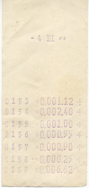 Kassenzettel einer mechanischen Registrierkasse, wie sie zu DDR-Zeiten in fast allen Geschäften üblich war.
Als Kind habe ich die Zahlen darauf immer nach einem bestimmten System farbig angemalt.