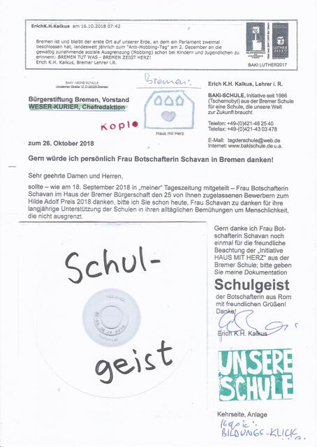Meine Bitte zum 26. Oktober 2018 an die Bürgerstiftung Bremen und den WESER-KURIER