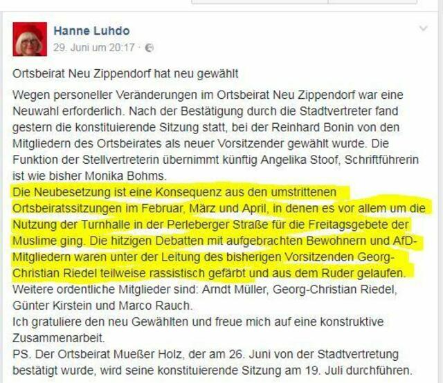 Unter der Leitung von Herrn Riedel waren die OBR Sitzungen teilweise rassistisch gefärbt! (Hanne Luhdo)
