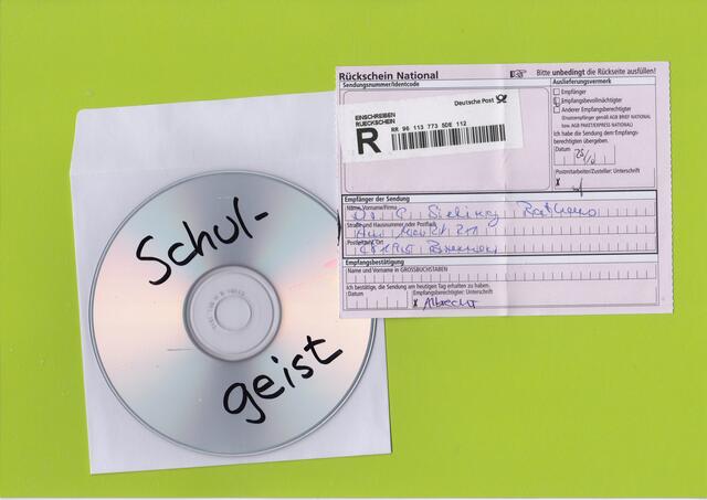 Blick auf die Schulgeist-CD, die ich Herrn Dr. Carsten Sieling am 27. Oktober 2018 ins Bremer Rathaus geschickt habe