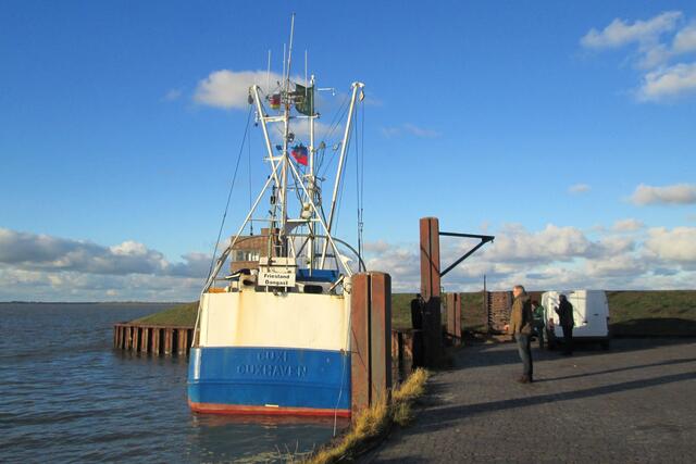 Die Cuxi aus Cuxhaven liegt bei ablaufender Flut im Hafen des Kurorts Dangast. Das Schiff ist benannt nach dem weiblichen Pendant zu Jan Cux, dem Cuxhavener Maskottchen.