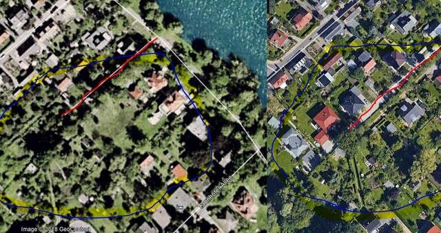 Die beiden roten Linien zeigen den jetzigen Privatweg und das Wohngebiet am Franzosenweg im Jahr 2000 (links) und rechts im Jahr 2016.