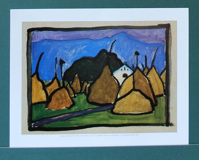 Gabriele Münter: Gemälde Strohhaufen im Murnauer Moos. (Stroh-Diemen, norddeutsch). Foto-Kopie, Kunstkalender.