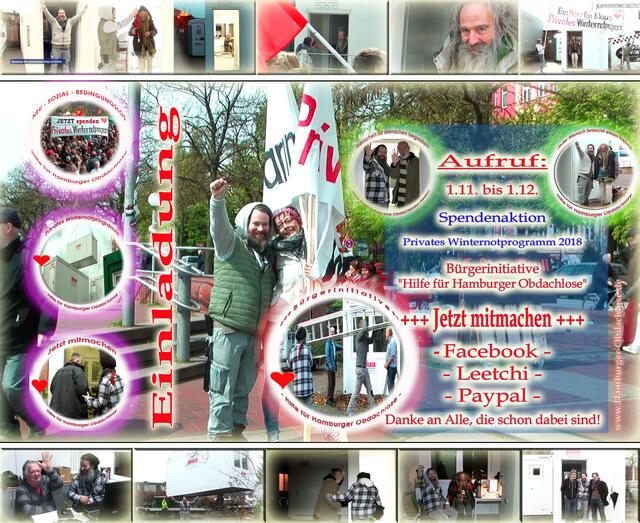 Wer wir sind und was wir tun +++ Die Bürgerinitiative "Hilfe für Hamburger Obdachlose" ist ein privater Zusammenschluss engagierter Bürger und Bürgerinnen zur Unterstützung von Hamburger Obdachlosen. Ausführliches Porträt hier: https://tinyurl.com/hamburger-obdachlose-2018
