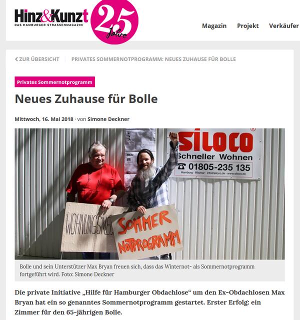 Nach Ablauf des Winters nicht zurück auf die Straße - auch das haben wir für "Bolle" geschafft ... https://www.hinzundkunzt.de/neues-zuhause-fuer-bolle/ (Mai 2018)