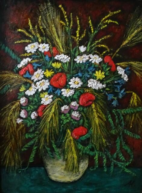 "Feldblumenstrauß", Ölgemälde, 75 cm x 60 cm, von Maxi Herta Altrogge.