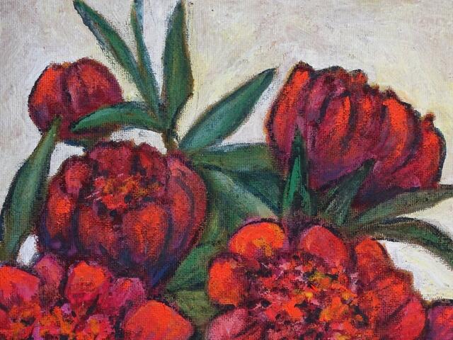 "Rote Pfingstrosen", Ölgemälde, 60 cm x 45 cm, von Maxi Herta Altrogge. Detail II.
Bitte Lupe benutzen!
