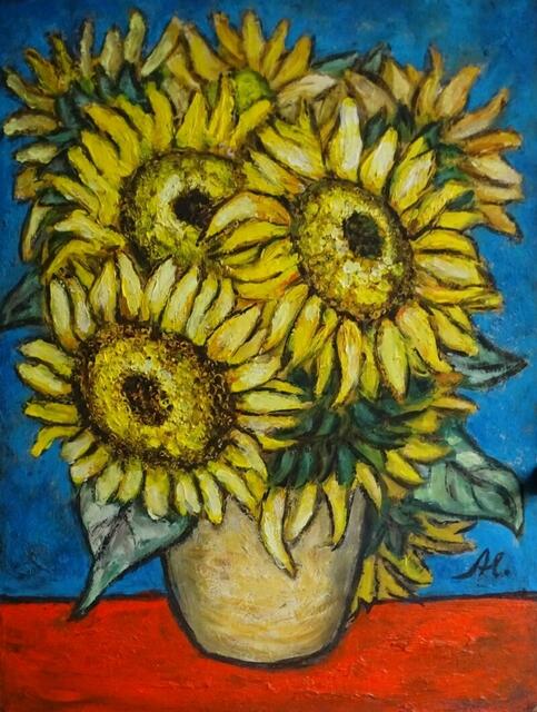 "Sonnenblumen", Ölgemälde, 64 cm x 48 cm, von Maxi Herta Altrogge.
Bitte Lupe benutzen!