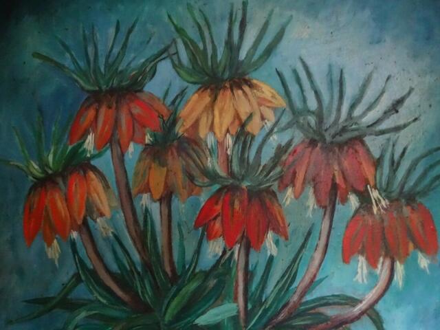 "Kaiserkronen", Ölgemälde, 93 cm x 75 cm, von Maxi Herta Altrogge. Detail.
Bitte Lupe benutzen!