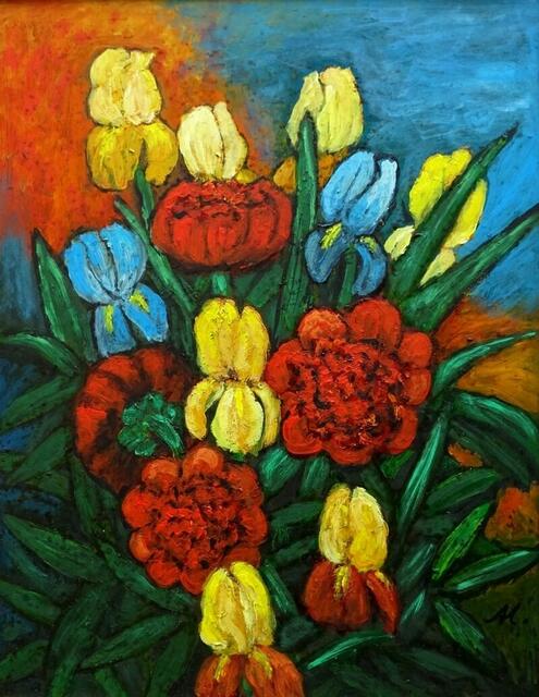 "Schwertlilien und Pfingstrosen", Ölgemälde, 78 cm x 62 cm, von Maxi Herta Altrogge.
Bitte Lupe benutzen!