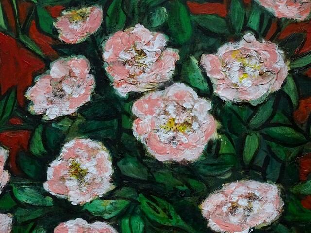 "Gefüllte rosa Strauchröschen", Ölgemälde, 64 cm x 46 cm, von Maxi Herta Altrogge. Detail.
Bitte Lupe benutzen!
