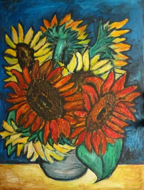 "Bunter Sonnenblumenstrauß", Ölgemälde, 64 cm x 48 cm, von Maxi Herta Altrogge.
Bitte Lupe benutzen!