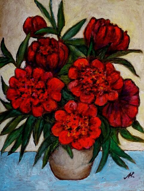 "Rote Pfingstrosen", Ölgemälde, 60 cm x 45 cm, von Maxi Herta Altrogge.
Bitte Lupe benutzen!