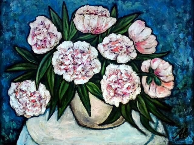 "Rosa Paeonien", Ölgemälde, 64 cm x 78 cm, von Maxi Herta Altrogge.
Bitte Lupe benutzen!