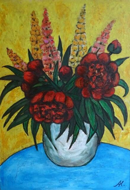 "Lupinen und Pfingstrosen", Ölgemälde, 78 cm x 57 cm, von Maxi Herta Altrogge.
Bitte Lupe benutzen!