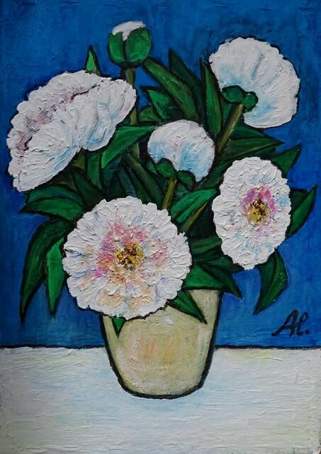 "Weiße Paeonien", Ölgemälde, 63 cm x 45 cm, von Maxi Herta Altrogge.
Bitte Lupe benutzen!