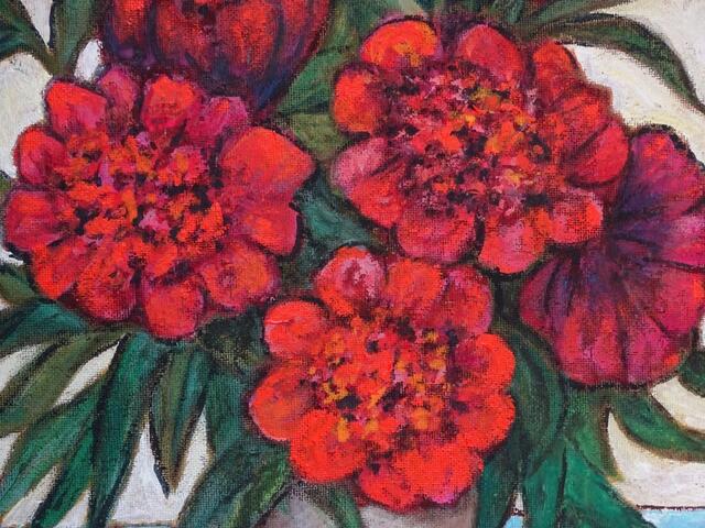 "Rote Pfingstrosen", Ölgemälde, 60 cm x 45 cm, von Maxi Herta Altrogge. Detail I.
Bitte Lupe benutzen!