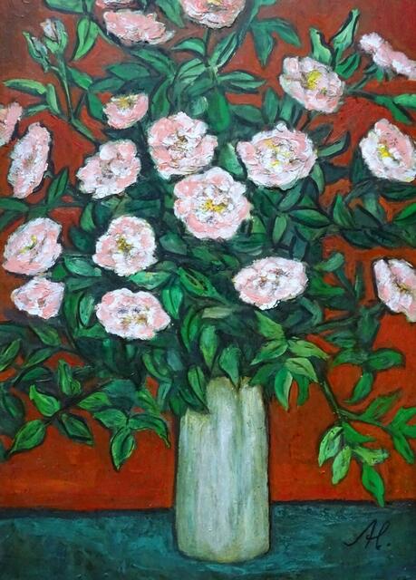 "Gefüllte rosa Strauchröschen", Ölgemälde, 64 cm x 46 cm, von Maxi Herta Altrogge.
Bitte Lupe benutzen!