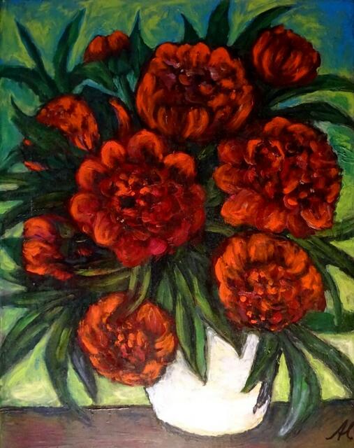 "Dicker Pfingstrosenstrauß", Ölgemälde, 77 cm x 62 cm, von Maxi Herta Altrogge.
Bitte Lupe benutzen!