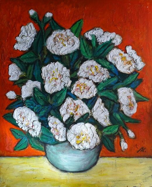 "Kleiner weißer Strauchrosenstrauß", Ölgemälde, 48 cm x 39 cm, von Maxi Herta Altrogge.
Bitte Lupe benutzen!