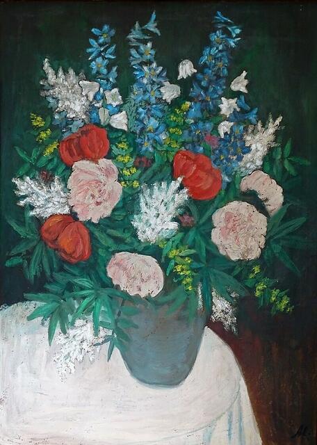 "Großer Blumenstrauß", Ölgemälde, 130 cm x 100 cm, von Maxi Herta Altrogge.
Bitte Lupe benutzen!
