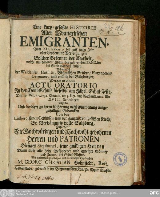 Eine kurtz-gefaßte Historie Aller Evangelischen Emigranten, Vom XII. Sæculo biß [...] › http://digitale.bibliothek.uni-halle.de/vd18/content/pageview/3979441 | Foto: http://digitale.bibliothek.uni-halle.de/vd18/image/view/3979441