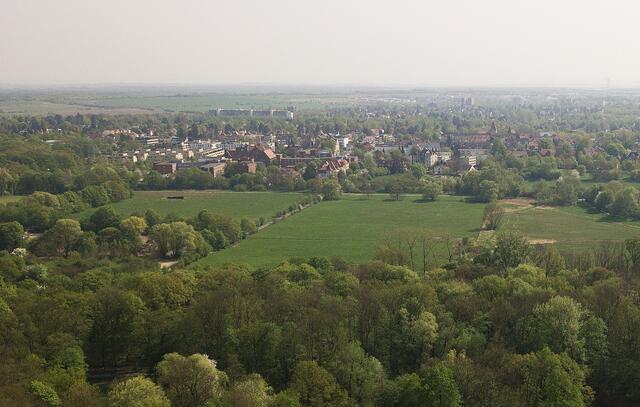 Das ehemalige Rode mit der Mardalwiese im Vordergrund. Nach rechts ist der Turm der Jakobikirche erkennbar. Wo links im Vordergrund des Ortes das Gebiet des Bethesda-Krankenhauses erkennbar ist, befand sich einst der Rodesche Hof. | Foto: Fabian Wolter