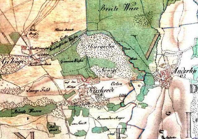 Die Karte der Kurhannverschen Landesaufnahme von 1782 zeigt das Gebiet um Kirchrode. Neu hinzugekommen ist der Tiergarten.