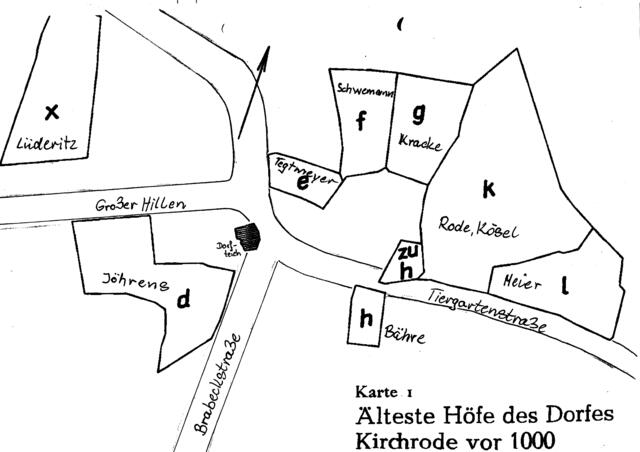 Der Lageplan aus den Hannoverschen Geschichtsblättern von E. von Falkenhausen - auch die folgenden -, die die Dorfgeschichte gründlich erforscht hat, zeigt den ursprünglichen Dorfkern. Die Höfe gruppieren sich um den Dorfteich Ecke Großer Hillen/Brabeckstr. Die Namen der Hofbesitzer stammen aus der Zeit der Verkopplung Mitte des 19. Jahrhunderts. Zur besseren Orientierung habe ich den ungefähren Straßenverlauf und die Namen nachträglich eingefügt. | Foto: E. von Falkenhausen