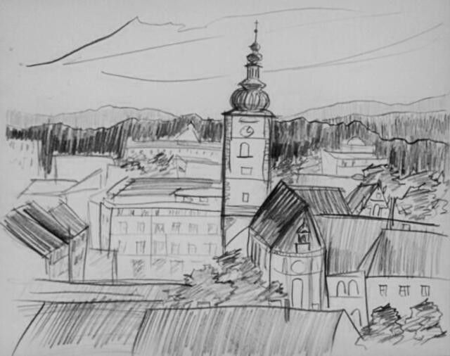"Impressionen bei und in St. Pölten (niederösterreichische Landeshauptstadt)". Grafit-Skizze von Maxi Herta Altrogge.