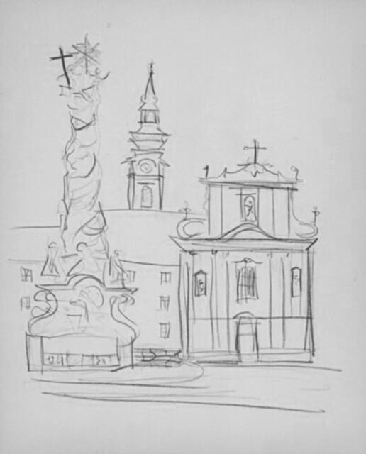 "Impressionen bei und in St. Pölten (niederösterreichische Landeshauptstadt)". Grafit-Skizze von Maxi Herta Altrogge.