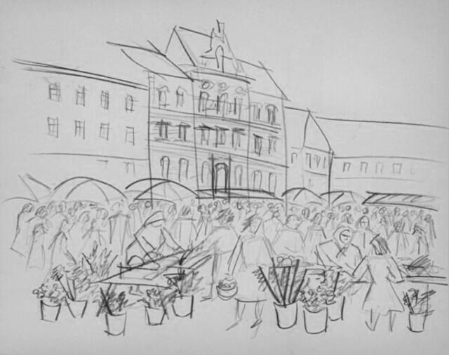"Impressionen bei und in St. Pölten (niederösterreichische Landeshauptstadt)". Grafit-Skizze von Maxi Herta Altrogge.