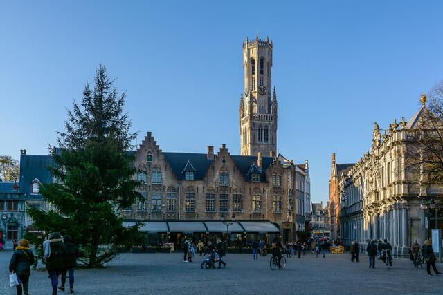 Der Rathausvorplatz mit Blick auf den 83 Meter hohen Belfort; die Tanne war ein Teil der Weihnachtsvorbereitungen.