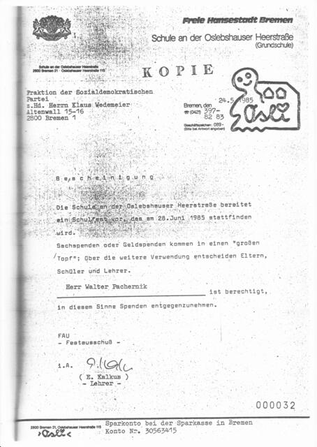 Erlaubnis zum Sammeln von Spenden für das Schulfest in der Osli-Schule am 28. Juni 1985