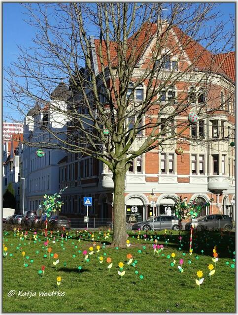 Blumen, Pompons und bunte Bäumchen holen mit der Streetart-Installation "Frühlingserwachen" den Frühling nach Linden (Foto: Katja Woidtke)