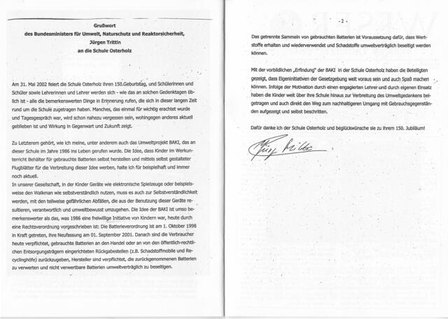Grußwort des Bundesministers für Umwelt, Naturschutz und Reaktorsicherheit, Jürgen Trittin, an die Schule Osterholz in Bremen | Foto: Bundesministerium für Umwelt, Naturschutz und Reaktorsicherheit