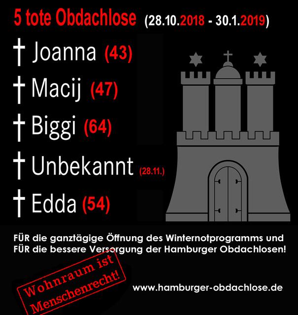 5 Tote Obdachlose im Zeitraum 28.10.2018 bis 30.1.2019 - die Stadt muss mehr tun für die Obdachlosen.